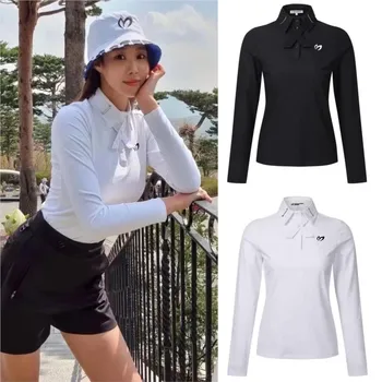 Весенне-летняя Новая Женская рубашка поло для гольфа с длинным рукавом, Уникальный Дизайн выреза, Женская рубашка, Модная Женская одежда для Гольфа Изображение