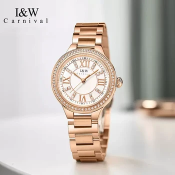Женские кварцевые часы Carnival Luxury с бриллиантами, Высококачественное Розовое Золото, Нержавеющая Сталь, Водонепроницаемые Модные женские часы Zegarek Damski Изображение