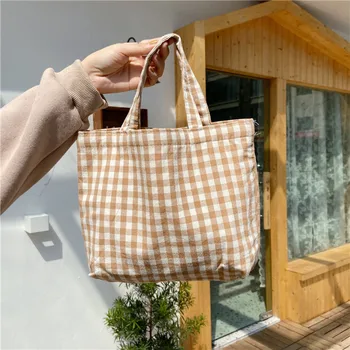 2021 Новая портативная сумка для ланча, Японская клетчатая Хлопчатобумажная сумка для пикника, Женская простая маленькая сумка-тоут, Детские сумки для ланча в корейском стиле, детские сумки для ланча Изображение