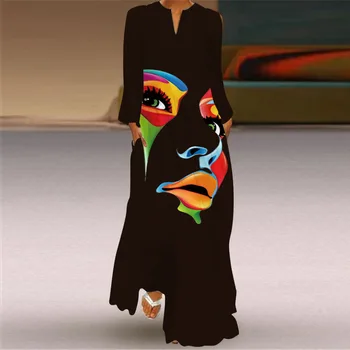 Женское Платье Макси с принтом в стиле ретро y2k, Свободное Платье с длинным рукавом, S-5XL Изображение