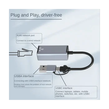Проводная сетевая карта USB Type C к RJ45, высокоскоростной адаптер USB 3.0 к Ethernet для портативных ПК, Сетевая карта 1000 Мбит/с Изображение