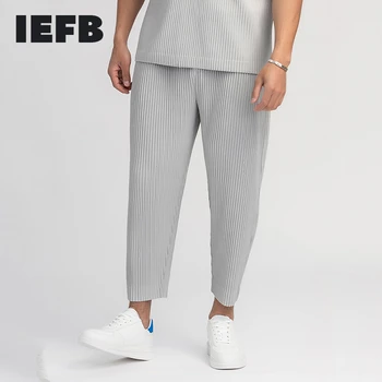 Мужская одежда IEFB, плиссированные брюки для мужчин из японской эластичной ткани, тонкий стиль, свободные повседневные брюки на шнурке длиной до щиколотки 9Y3050 Изображение