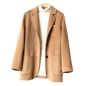 Весенне-осеннее и зимнее новое 100% натуральное шерстяное двустороннее шерстяное пальто, женский кашемировый костюм средней длины с воротником, тонкое пальто, однотонное Изображение