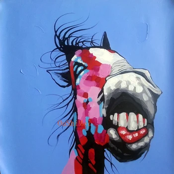 Абстрактное изображение забавных животных ручной работы Современный синий фон Картина лошади на холсте для настенного художественного оформления Картина маслом Изображение
