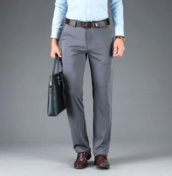 Костюмные брюки, мужские повседневные брюки, свободные прямые деловые брюки, модные микроэластичные повседневные брюки со средней талией, вечерние официальные костюмные брюки Изображение
