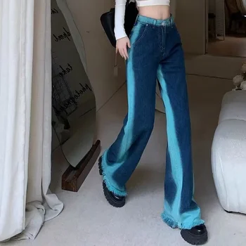 Женские джинсы, Градиентные зеленые Брюки полной длины с высокой талией, Женские джинсовые стрейчевые повседневные брюки, большие размеры Изображение