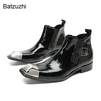 Batzuzhi/Новые дизайнерские мужские ботинки в стиле Рок, Черные Ботильоны из лакированной кожи без застежки, Модные деловые ботинки с металлическим носком, мужские! Изображение