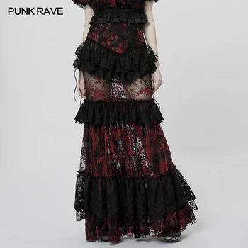 Женская готическая перспектива в стиле панк-РЕЙВ, Великолепная кружевная юбка, боковой бархатный шнурок, модный дизайн, индивидуальность, Длинные юбки для женщин Изображение