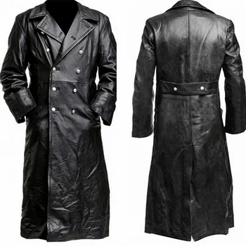Винтажная мужская куртка из искусственной кожи Высшего качества, зимний Длинный тренч на пуговицах, мужская деловая верхняя одежда, Модное офицерское пальто премиум-класса, черный Изображение