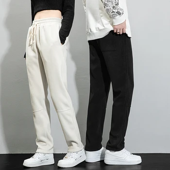Флисовые брюки в одном стиле для мужчин и женщин, толстые теплые флисовые брюки с прямыми штанинами на осень-зиму, Повседневные спортивные мужские Изображение