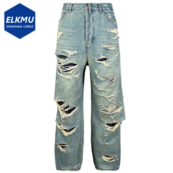 Рваные джинсы в стиле хип-хоп, потертые двухслойные мешковатые джинсовые брюки, мужская уличная мода, синие джинсы Harajuku Изображение