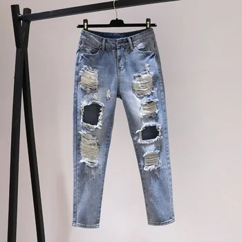 Рваные брюки с принтом поп разбитые мужские ковбойские брюки тонкий Fit конические ретро рваные отверстия джинсы для мужчин светло-голубой тощий панк Изображение