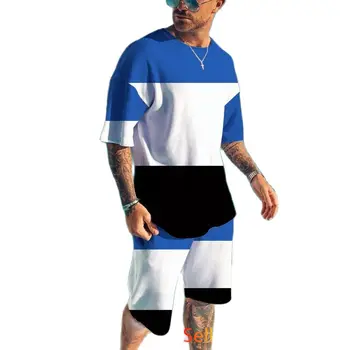 Мужская Повседневная футболка с 3D-принтом и круглым вырезом, с коротким рукавом, оверсайз, пляжные шорты, Комплект из 2 предметов, Мужские летние спортивные Модные дышащие комплекты Изображение