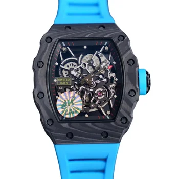 Мужские часы автоматические механические из углеродного волокна, красные, черные, синие, резиновые Изображение