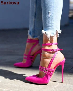 Surkova Розово-Фиолетовые Атласные туфли на тонком высоком каблуке с ремешками и пряжкой, Свадебные туфли-лодочки с открытой спинкой, Элегантное вечернее платье на каблуках Изображение