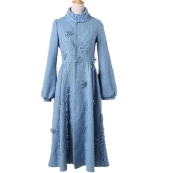 осенне-зимнее винтажное шерстяное пальто с рукавом-фонариком, женское пальто с воротником-стойкой, тонкое бальное платье, юбка, пальто из смесовой шерсти Изображение