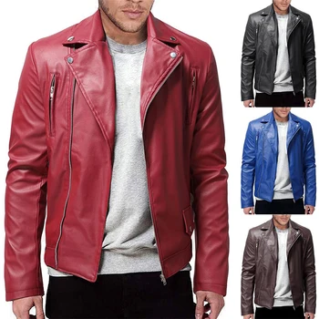 Новые мужские повседневные кожаные куртки большого размера, тонкая кожаная куртка, индивидуальность, модная мотоциклетная кожаная куртка (искусственная кожа) Изображение
