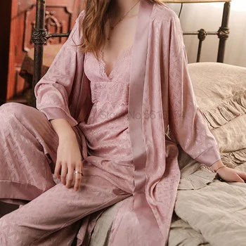 Розовый Атласный комплект из 3 предметов для сна, Женская пижама, Кружевная пижама в стиле пэчворк с V-образным вырезом и цветочным принтом, Пижама Pour Femme, летняя домашняя одежда Изображение