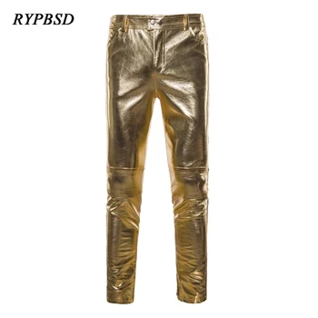 Модные узкие кожаные брюки, мужские брендовые облегающие блестящие золотистые, серебряные уличные сценические брюки для певцов, брюки из искусственной кожи на молнии Изображение