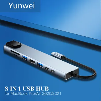 USB-концентратор Type C к HDMI-совместимому адаптеру 4K С портом 10/100 М RJ45 Мощностью 87 Вт для зарядки PD, Устройства чтения карт памяти TF SD для MacBook 2021 2022 Изображение
