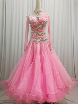 Розовое платье для танцев Вальса, женские платья для современных бальных танцев с длинным рукавом, стандартная юбка для бальных танцев Высокого качества Изображение