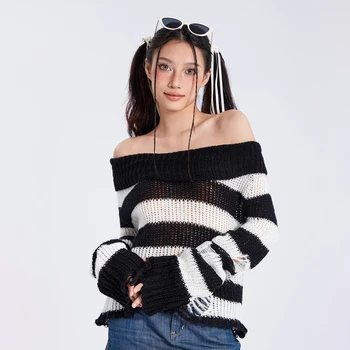 Готические женские трикотажные топы в стиле панк с открытыми плечами и принтом в полоску, рваные свободные свитера с длинным рукавом, трикотаж Изображение