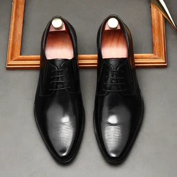 Европейские Роскошные Мужские Модельные туфли-Оксфорды Из Натуральной Кожи Цельного Покроя Ручной Работы, Мужская Обувь На Шнуровке, Деловая Офисная Официальная Обувь Для Мужчин Изображение