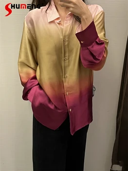 Весенне-осенний однобортный топ, Женская Новая Темпераментная вертикальная свободная блузка с отворотом и принтом в виде галстука-краски, рубашка с длинным рукавом Изображение