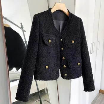 Короткое черное пальто с запахом 2023 года, новые весенне-осенние женские куртки из тонкого твида с длинным рукавом Изображение