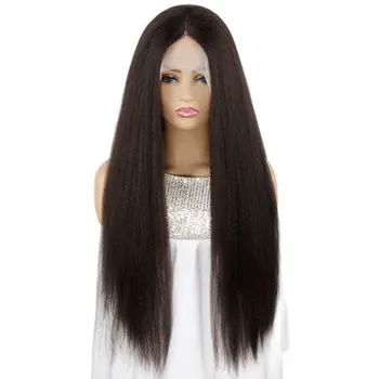 BCHR Т-образный кружевной парик Yaki Прямого Коричневого цвета с кружевом Спереди, натуральная линия роста волос, термостойкие синтетические парики для женщин Изображение