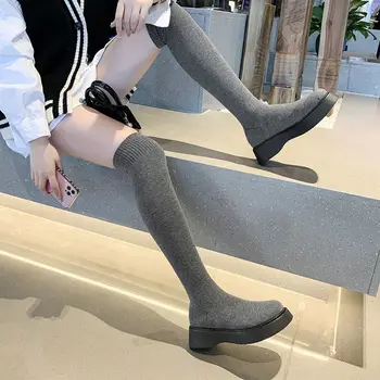 Модные сапоги выше колена, замшевые вязаные сапоги с эластичным круглым носком на платформе и каблуке, облегающие женские сапоги выше колена Изображение