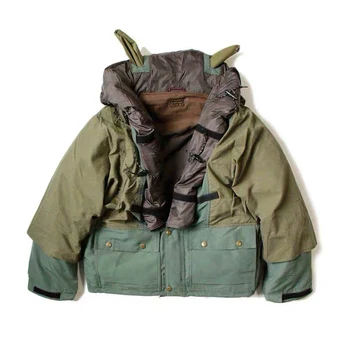 KAPITAL Japan Свободная нейлоновая строчка из пяти сеток, Мужская куртка из чистого хлопка с капюшоном, Военное зеленое Модное повседневное пальто с длинным рукавом Изображение