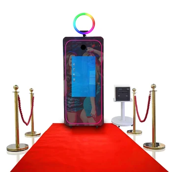 Зеркальная фотобудка со светодиодной рамкой для Селфи, портативный сенсорный экран, Волшебная зеркальная будка с камерой и принтером для свадебной вечеринки Изображение
