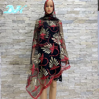 2021 Африканский Исламский Женский Шарф, Модный Тюрбан из пашмины, Шаль с вышивкой для молитвы, Мусульманский комплект, Хиджаб для леди DH092 Изображение