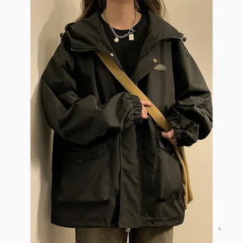 Deeptown/ Винтажные Японские женские Куртки-ветровки Harajuku, Уличная Одежда Оверсайз, Куртка-бомбер с капюшоном для Девочек в Опрятном Корейском стиле Изображение