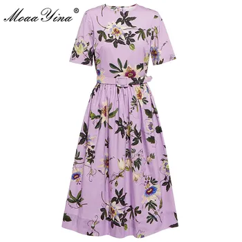 Модное дизайнерское платье MoaaYina, Весенне-летнее Женское платье из поплина с цветочным принтом, Кружевное платье с коротким рукавом, Высококачественное платье Изображение