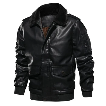 Зимняя куртка из искусственной кожи, Мужская куртка-бомбер, Кожаная куртка военного пилота, Повседневное пальто, меховой воротник, Мотоциклетная куртка, Размер США/Евро Изображение