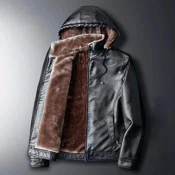 Новая куртка для мужчин, Роскошная кожаная одежда, топы из искусственной кожи, зимнее пальто на меховой подкладке, Теплая кожаная куртка с капюшоном, бренд с длинным рукавом Изображение