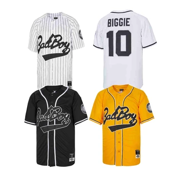 Бейсбольная майка Bad Boy 10 BIGGIE Швейная Вышивка Спортивная одежда для улицы в стиле хип-хоп, уличная культура, Черная, белая, желтая полоса, Новинка 2023 года Изображение