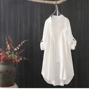 Белая Рубашка Женская 2023 Весна Лето Корейские Модные Простые Однотонные Длинные Рубашки Женские Свободные Дышащие Рубашки Миди и Блузки Изображение