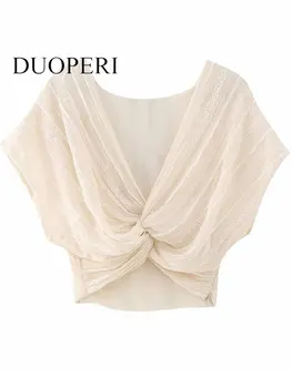 DUOPERI/ женские модные укороченные топы с узлом цвета Хаки, плиссированная молния сбоку, винтажный женский топ без рукавов с V-образным вырезом, шикарная женская майка Изображение