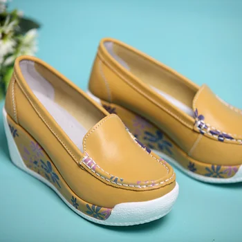 Обувь на платформе, Женская Кожаная Повседневная обувь На танкетке и высоком Каблуке, Модные тонкие туфли с Принтом, Обувь для Матери, Женские Туфли-лодочки, Zapatos De Mujer Изображение