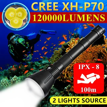 3 * CREE XHP70 High Power Underwater 100m Dive Заполняющий Свет Мощный IPX8 Водонепроницаемый светодиодный Фонарик Для Подводного Плавания Профессиональный Дайвинг Изображение