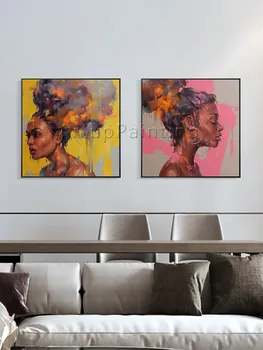 Набор из 2 чернокожих женщин, современная абстрактная ручная роспись, желто-розовый портрет, картина маслом на холсте, картины для гостиной Изображение