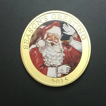 100 шт. Немагнитный значок Санта-Клауса 2015, рождественский подарок с оленями, 24 К, настоящее золотое покрытие, 40 мм, сувенирное украшение, монета Изображение