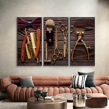 3 панели Golden Lifestyle Barbershop Многопанельная Картина на Холсте Настенные Художественные Плакаты и Принты Cuadros Barbershop Украшение Дома Изображение