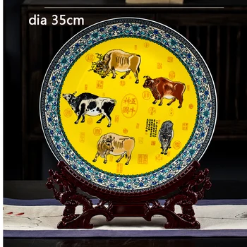 Керамика Цзиндэчжэнь, Декоративная тарелка в китайском стиле, 35 см, Большая Подвесная Тарелка, Тарелка для сидения, тарелка с пятью рисунками крупного рогатого скота Изображение