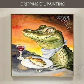 Ручная роспись Забавного животного, крокодил, картина маслом на холсте, Забавный крокодил ужинает, картина рыбьим жиром для декора кухни Изображение
