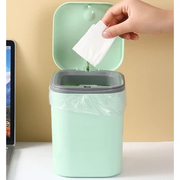 Полипропиленовый мусорный бак для мусора, однотонный квадратный, без запаха, с круглым углом, кнопочный выключатель, мусорный бак для общежития, зеленый Изображение