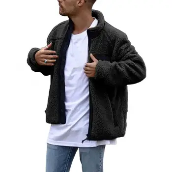 Новые мужские зимние куртки с длинным рукавом и воротником-стойкой из искусственного флиса, карман на молнии, теплое пальто, куртка для повседневной жизни Изображение
